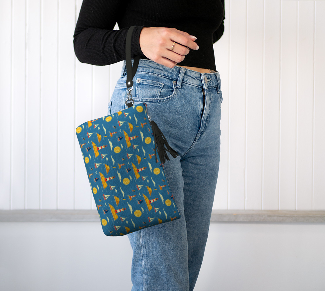 Blue Bag with Lighthouse and Sun on Land Vegan Leather Clutch Purse