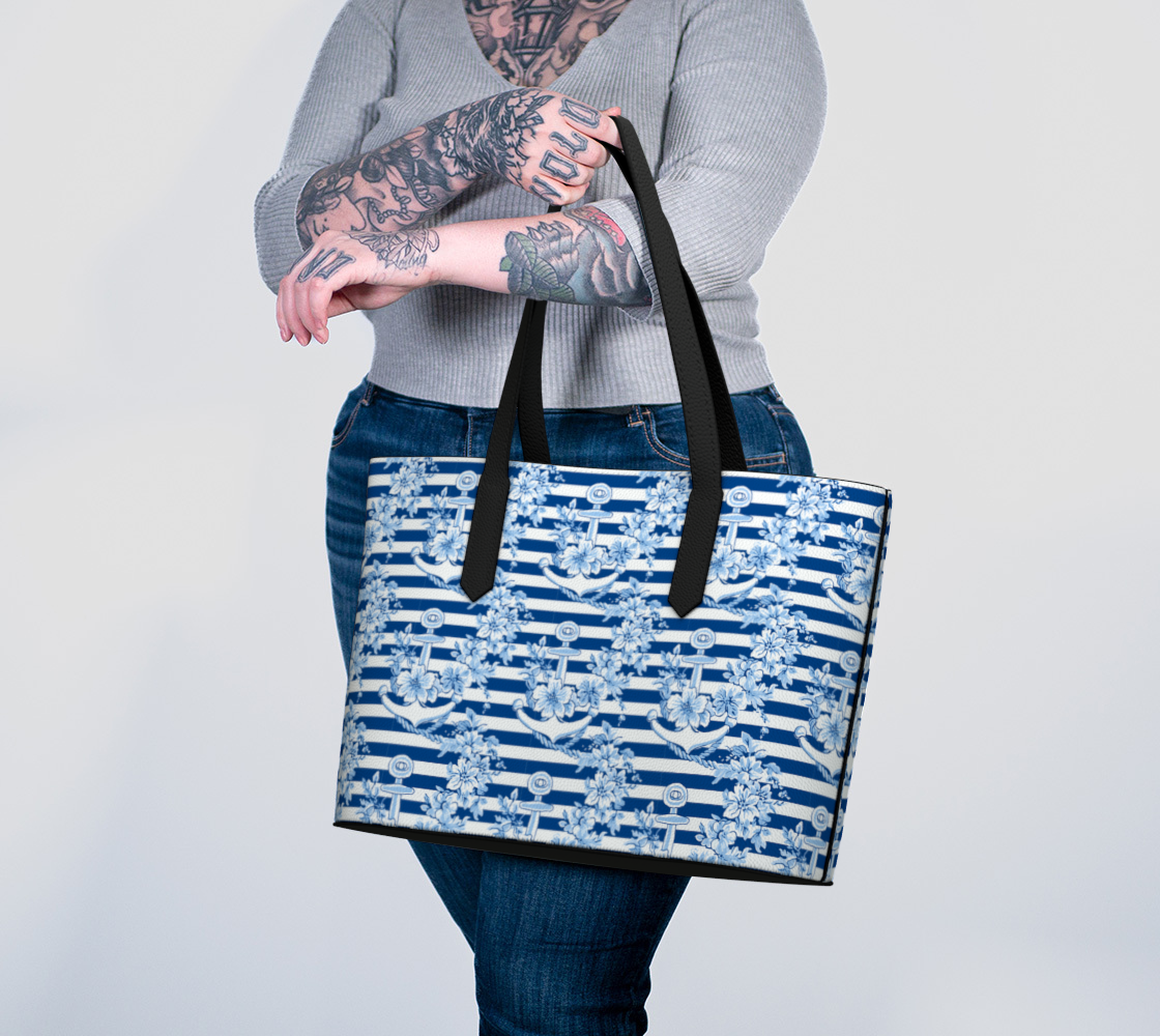 ANCHORS ON BLUE STRIPES VEGAN LEATHER TOTE BAG 1966