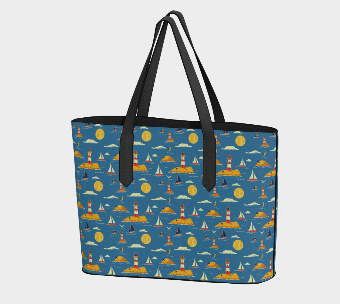 Blue Bag with Lighthouse and Sun on Land Vegan Leather Tote Bag