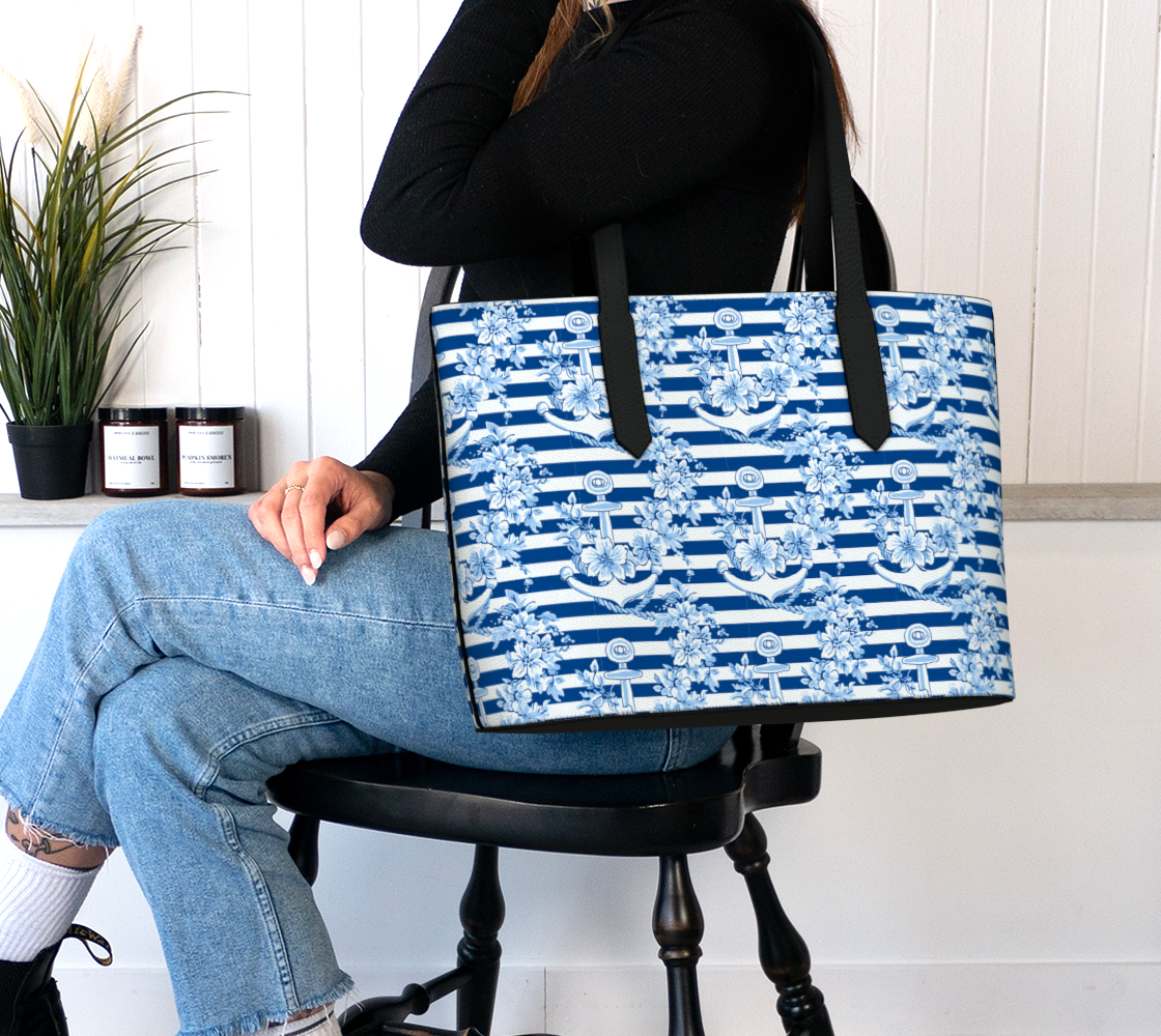 ANCHORS ON BLUE STRIPES VEGAN LEATHER TOTE BAG 1966
