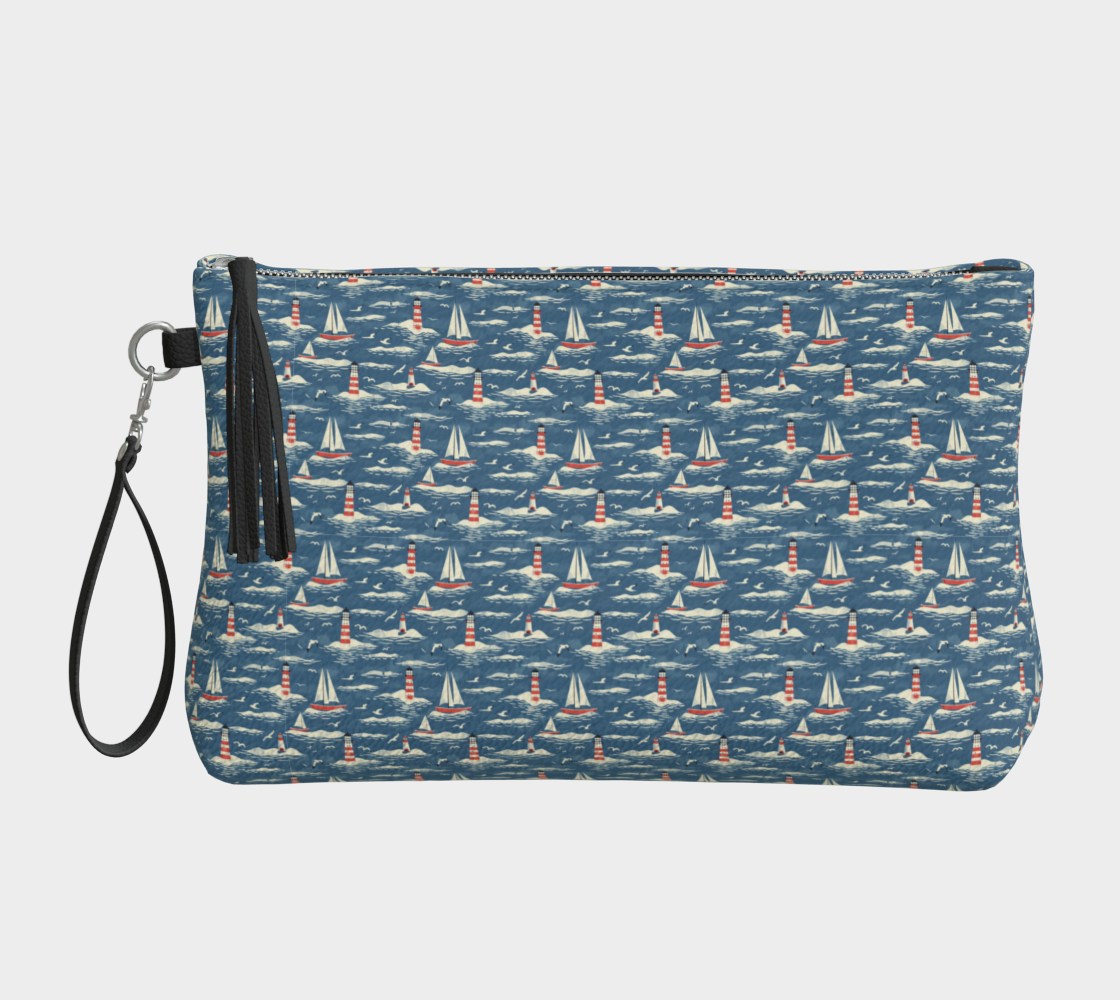 Blue, White, Red Sailboat Vegan Leather Makeup Bag
