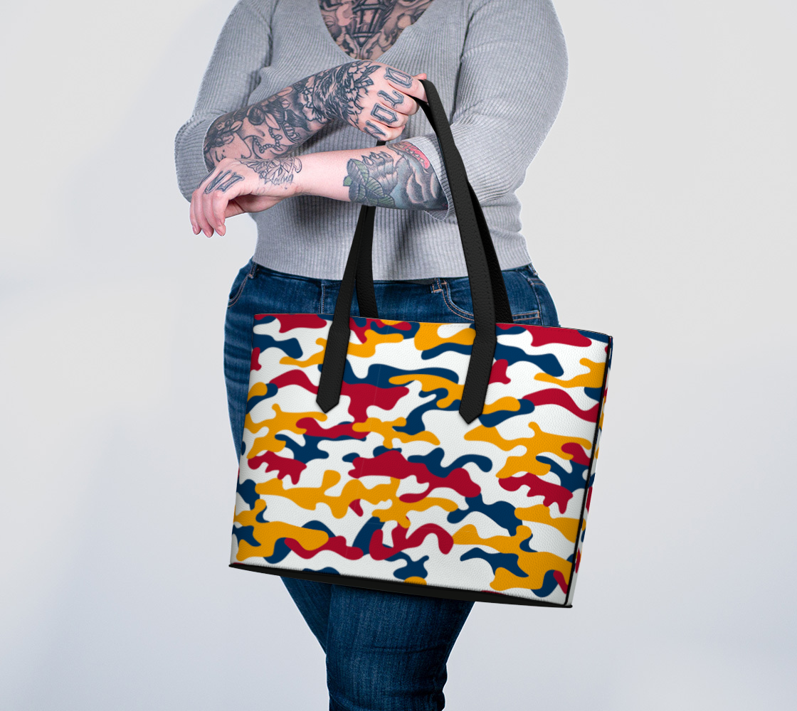 Red, Yellow, Green Camo 1015 VEGAN LEATHER TOTE BAG 1966 BETTER