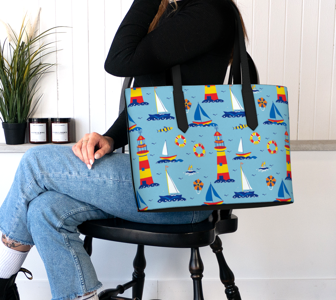 Cute Lighthouse Ocean Scene Vegan Leather Tote Bag