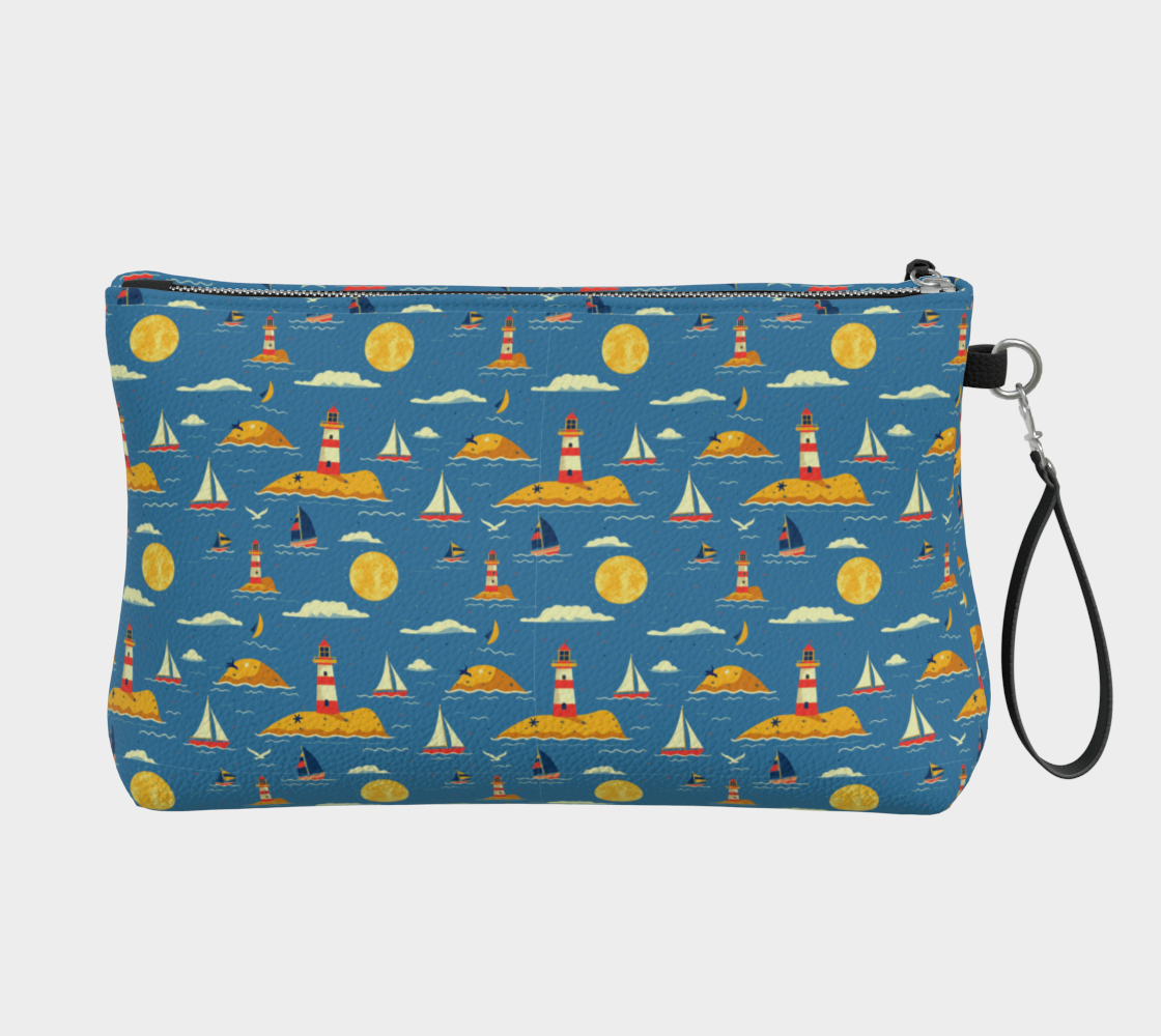 Blue Bag with Lighthouse and Sun on Land Vegan Leather Clutch Purse