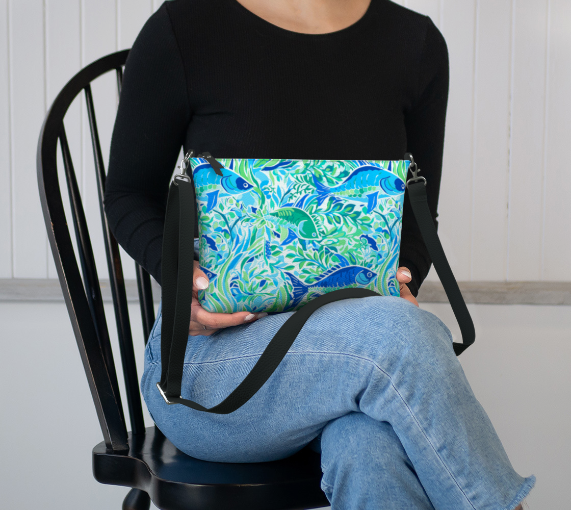 501 blue fish vegan leather crossbody tote