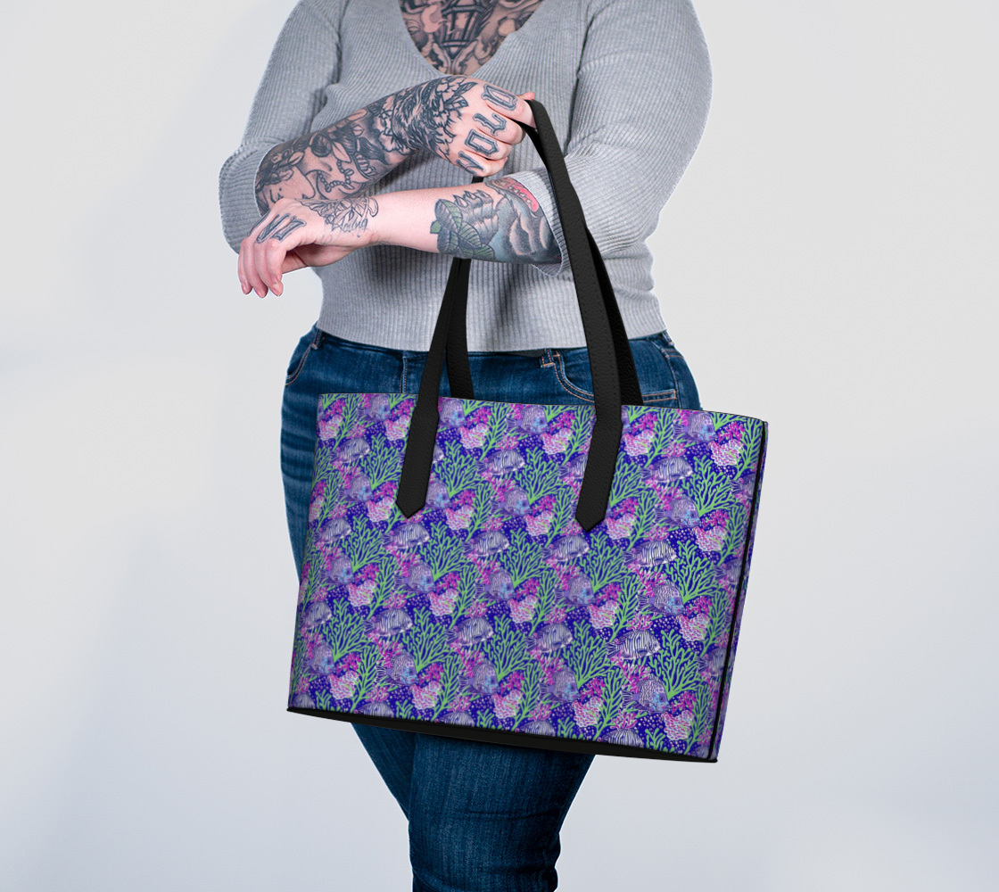 Fish in Green Coral Vegan Leather Tote Bag