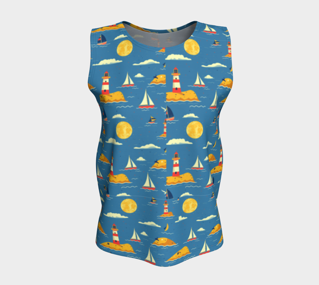 Blue Bag with Lighthouse and Sun on Land Loose Tank Top