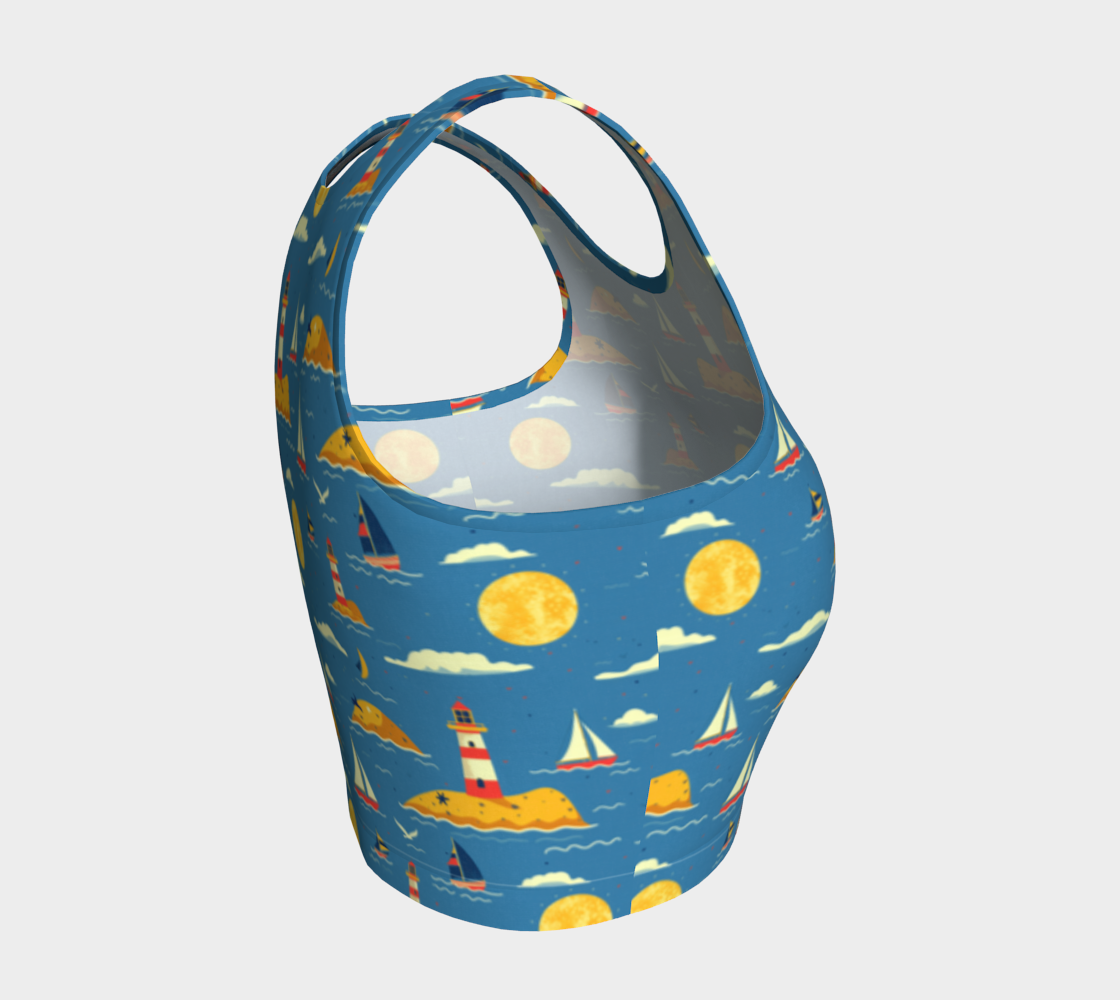 Blue Bag with Lighthouse and Sun on Land Athletic Crop Top
