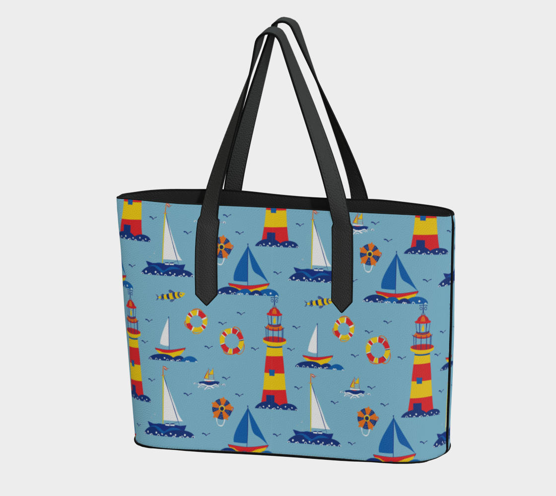 Cute Lighthouse Ocean Scene Vegan Leather Tote Bag