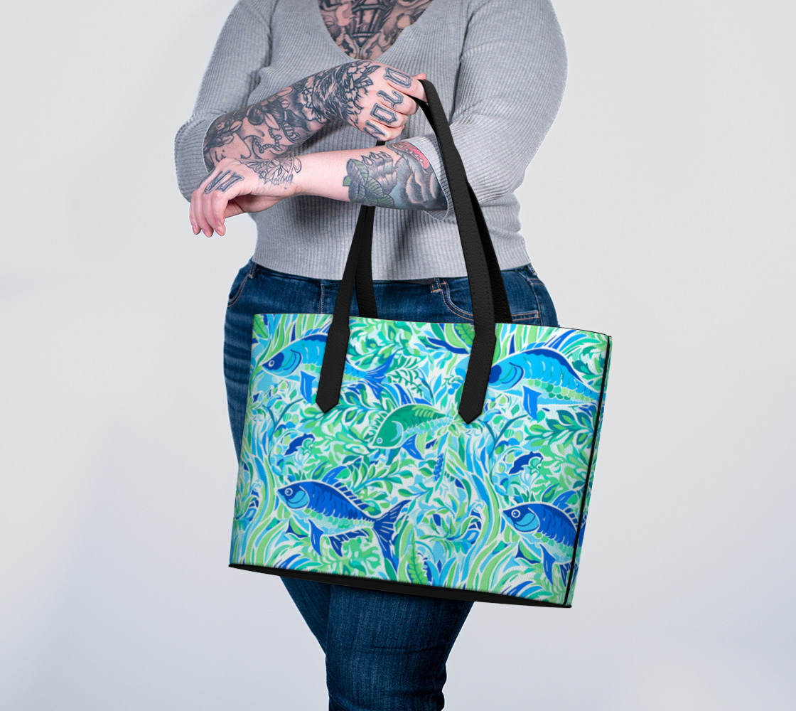 336 blue fish vegan leather tote bag