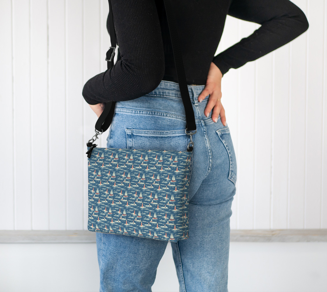 Blue, White, Red Sailboat Vegan Leather Crossbody Purse