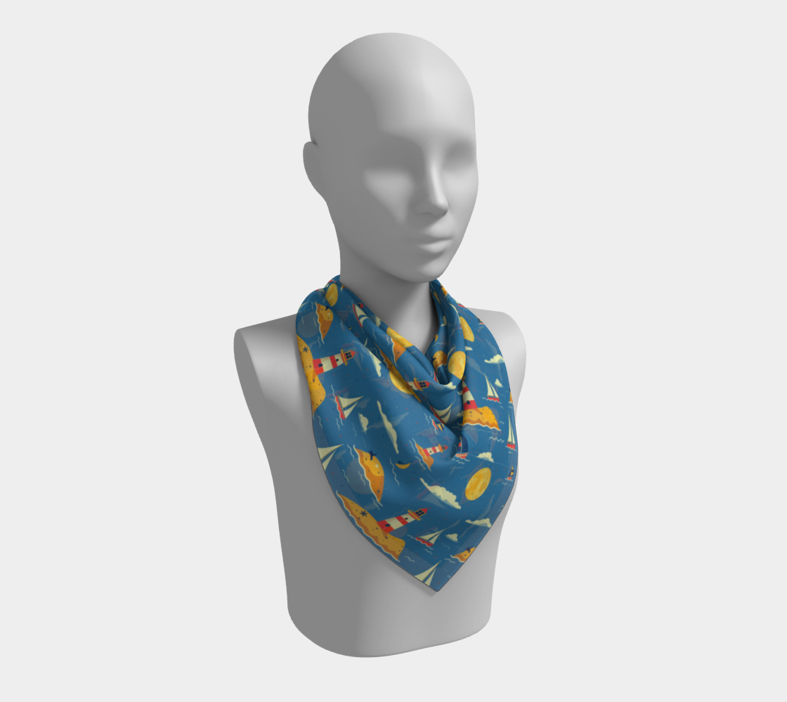 Blue Bag with Lighthouse and Sun on Land Vegan Leather Square Scarf