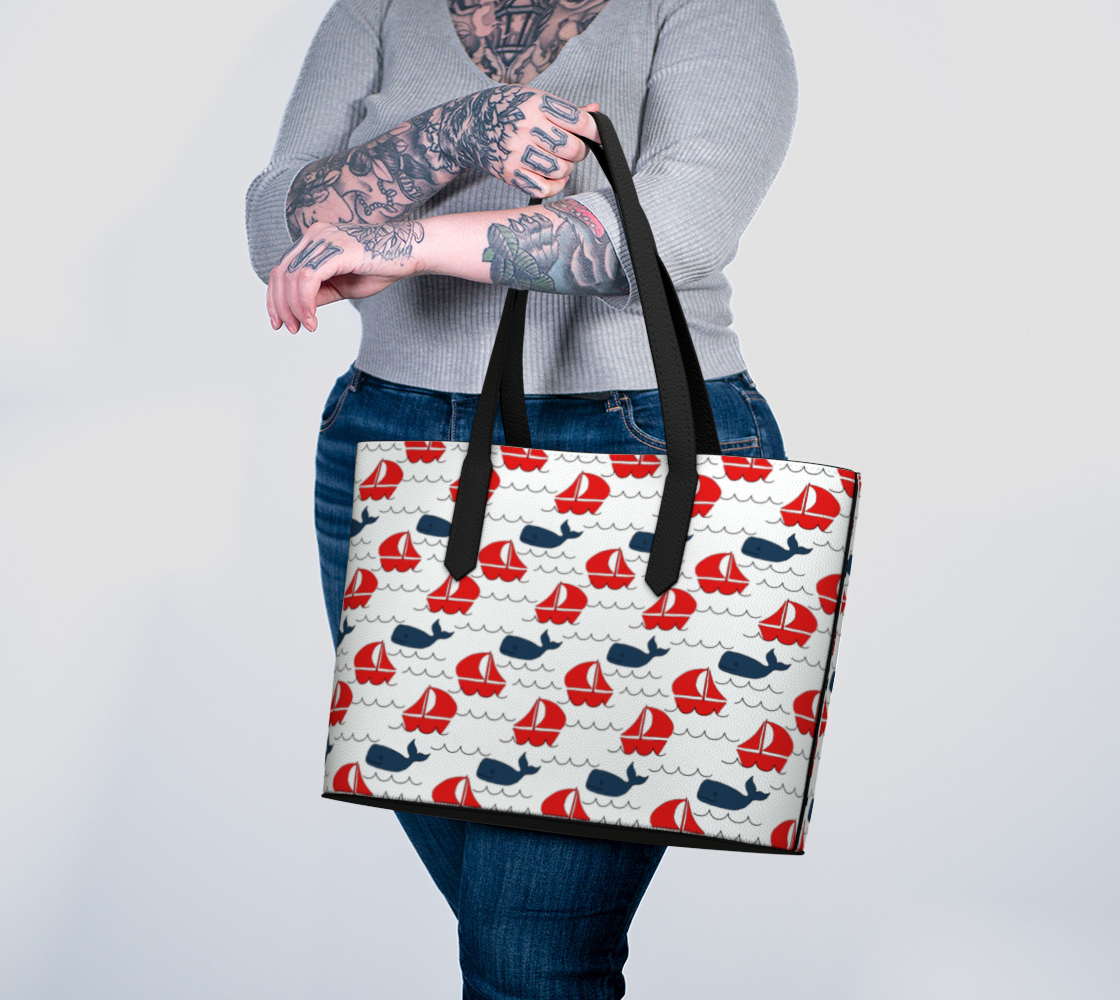 Boat, Whale and Water Leather Tote Bag