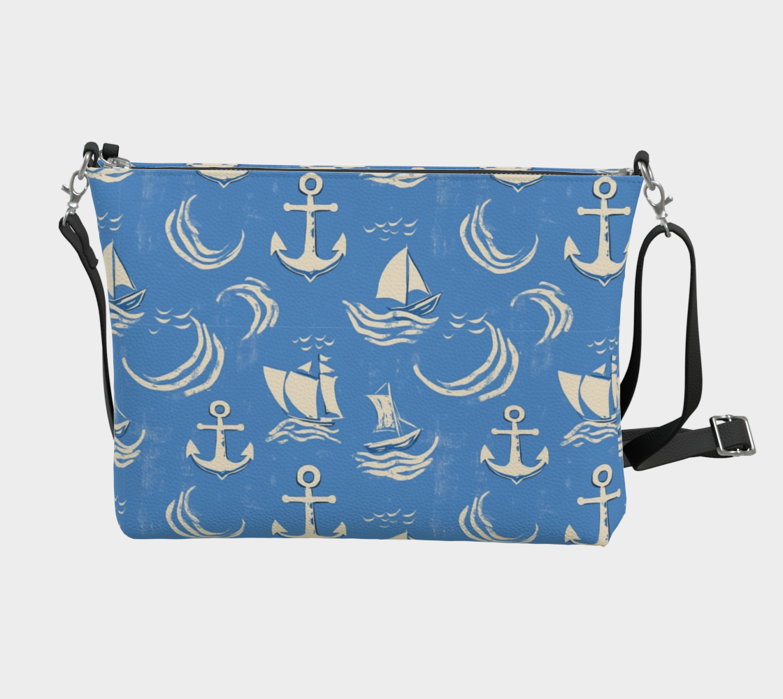 Blue Water with Cream Nautical Elements Vegan Leather Crossbody Purse
