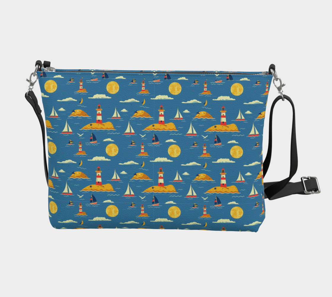 Blue Bag with Lighthouse and Sun on Land Vegan Leather Crossbody Purse