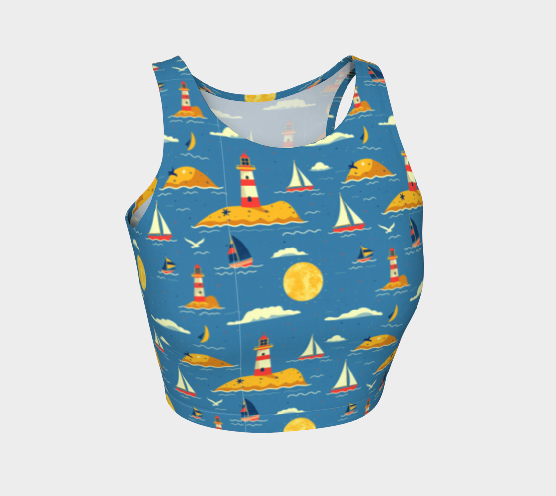Blue Bag with Lighthouse and Sun on Land Athletic Crop Top