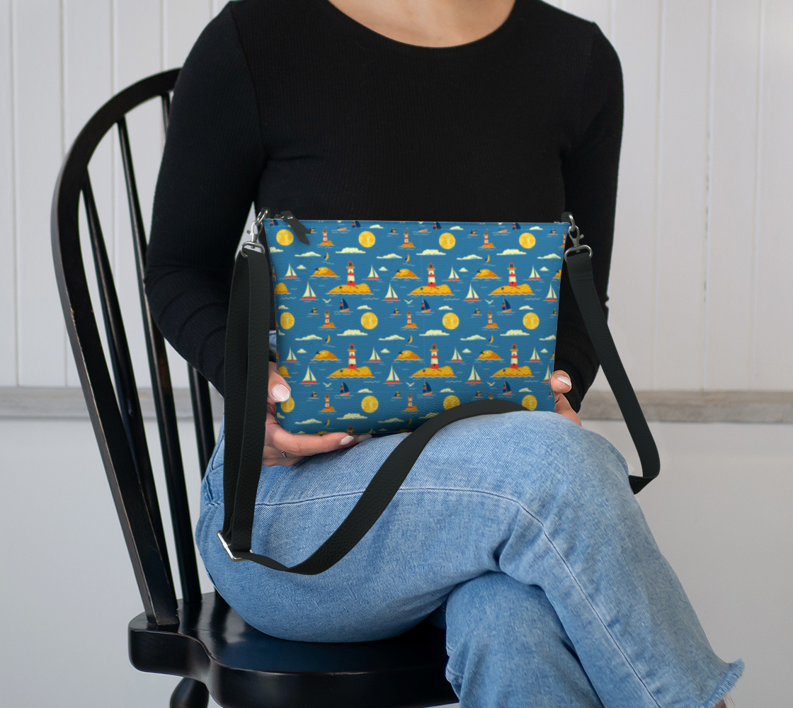Blue Bag with Lighthouse and Sun on Land Vegan Leather Crossbody Purse