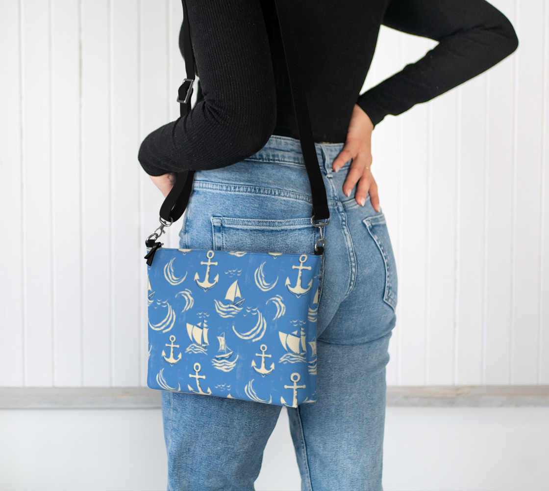 Blue Water with Cream Nautical Elements Vegan Leather Crossbody Purse