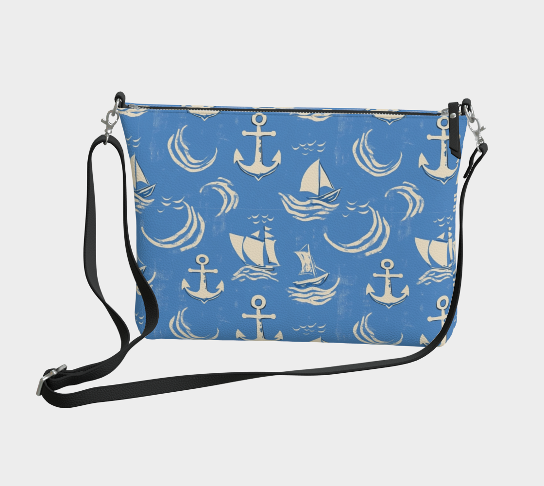 Blue Water with Cream Nautical Elements Vegan Leather Crossbody Purse