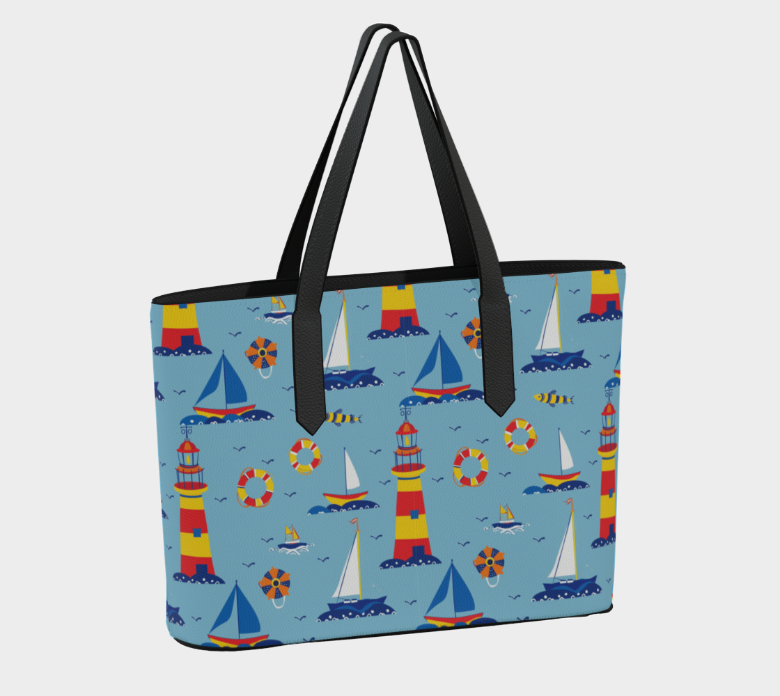 Cute Lighthouse Ocean Scene Vegan Leather Tote Bag