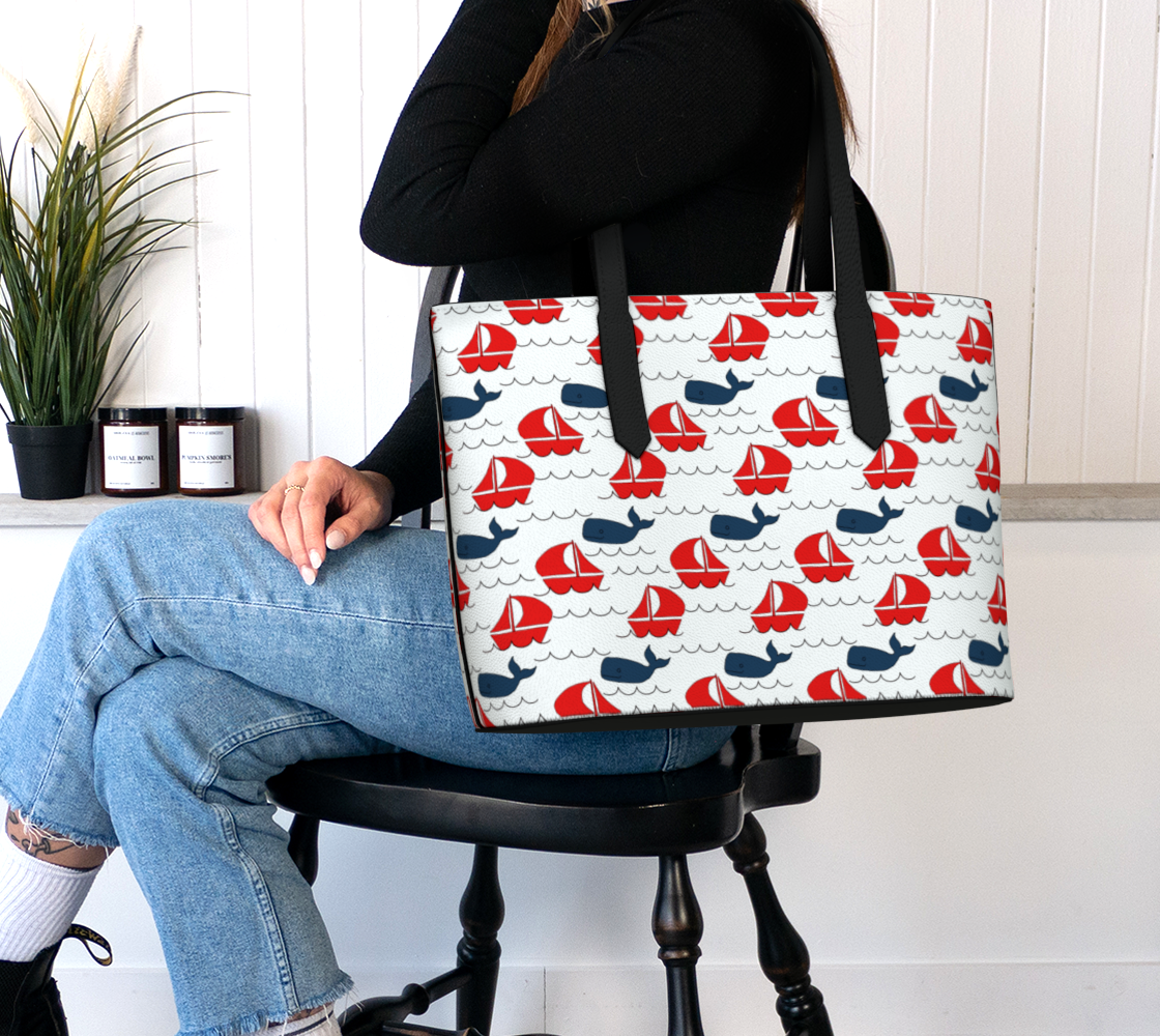 Boat, Whale and Water Leather Tote Bag
