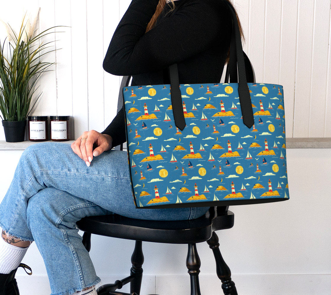 Blue Bag with Lighthouse and Sun on Land Vegan Leather Tote Bag