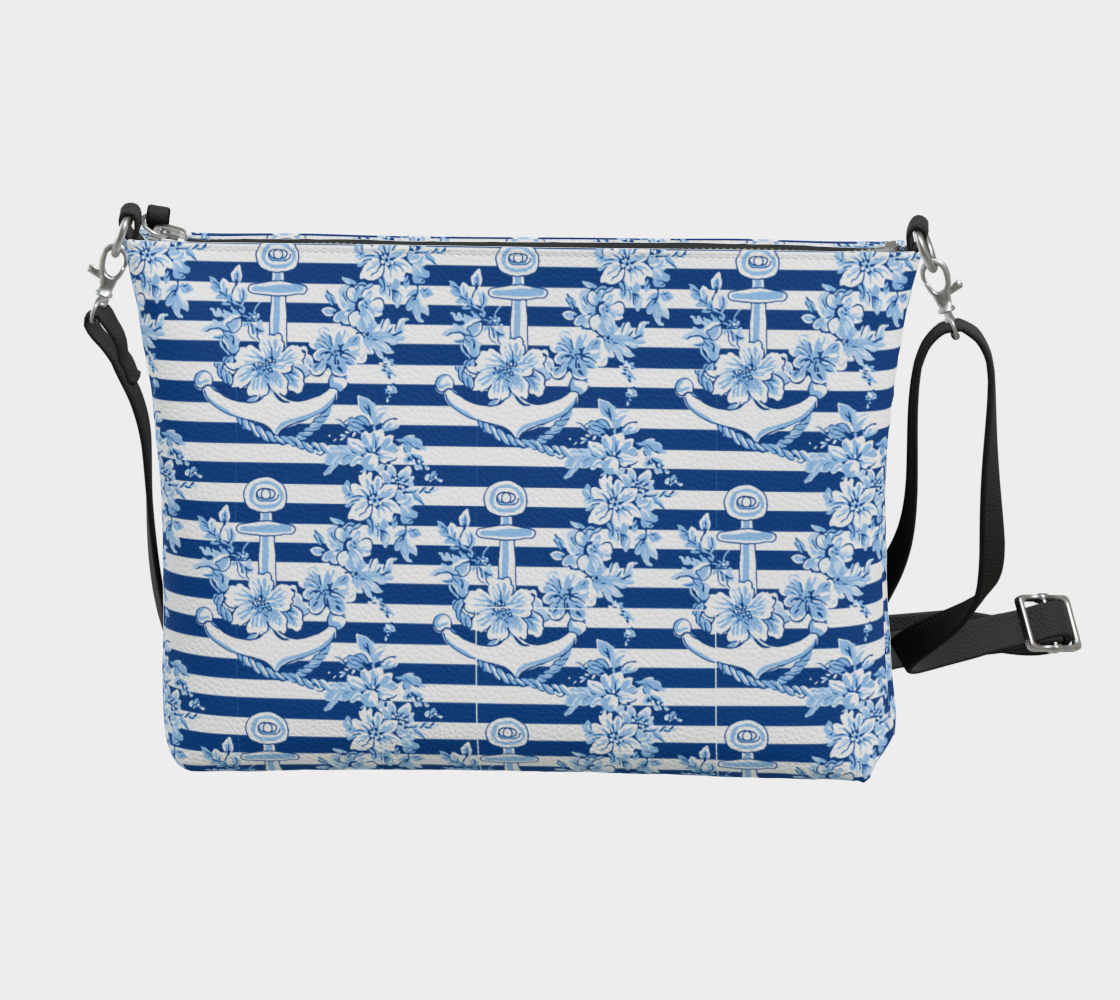NEEDS HELP ANCHORS ON BLUE STRIPES VEGAN LEATHER TOTE BAG 1966