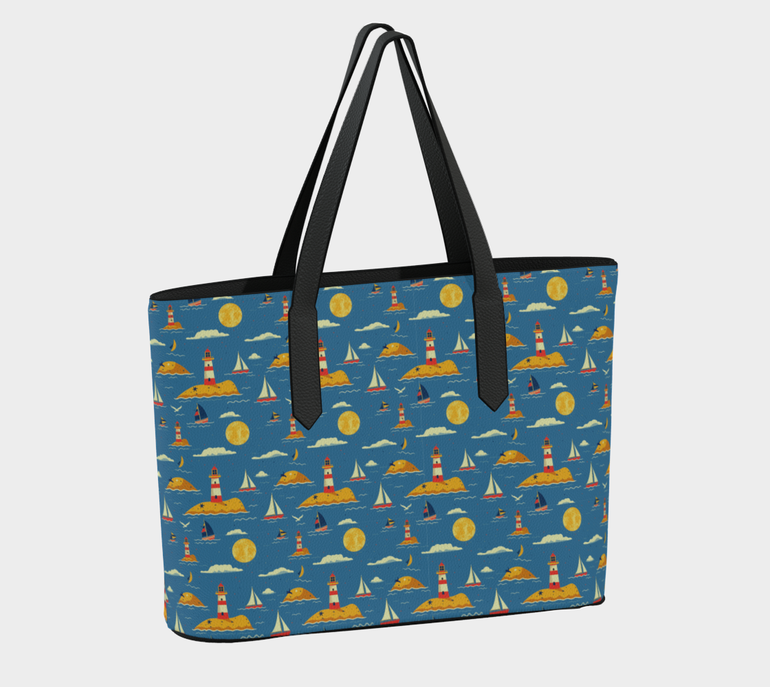 Blue Bag with Lighthouse and Sun on Land Vegan Leather Tote Bag