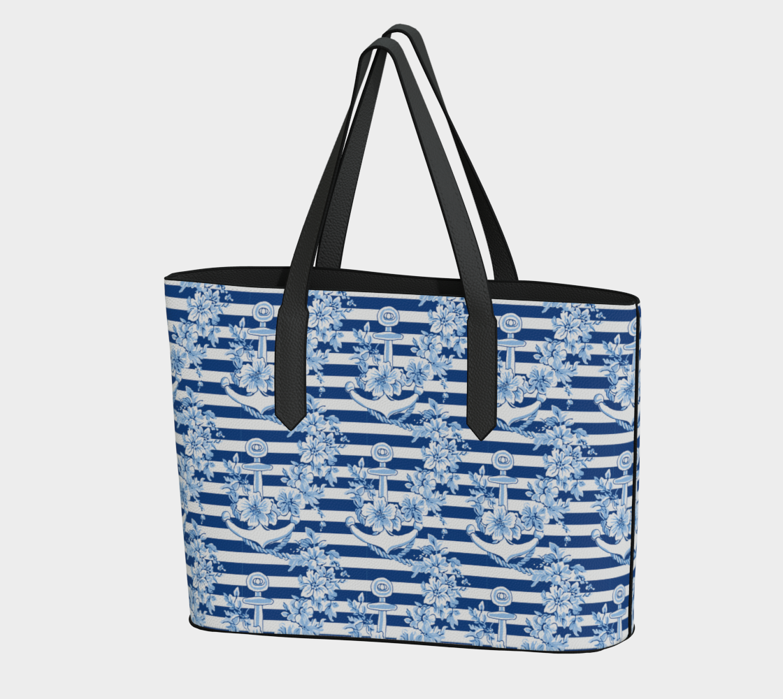 ANCHORS ON BLUE STRIPES VEGAN LEATHER TOTE BAG 1966