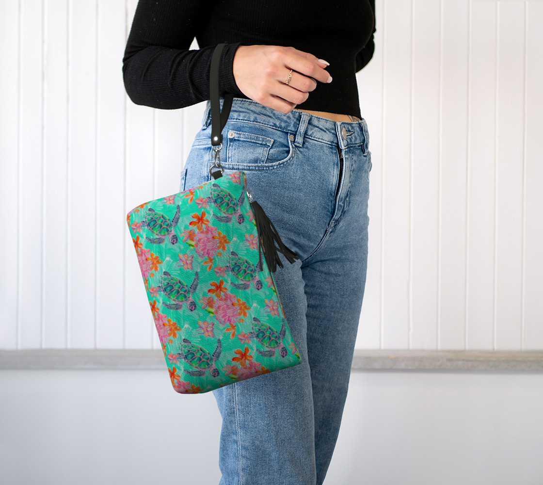 Turtles and Flowers Vegan Leather Make Up Bag