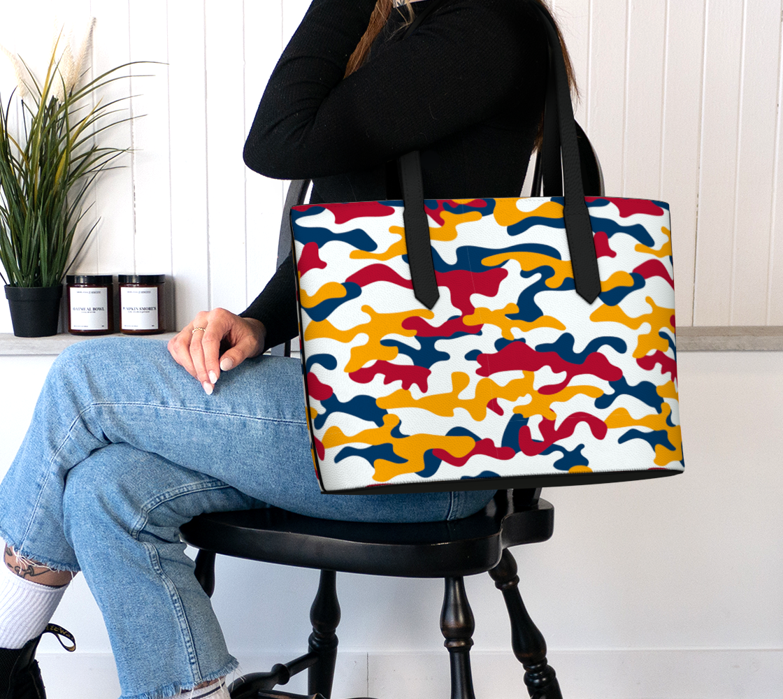 Red, Yellow, Green Camo 1015 VEGAN LEATHER TOTE BAG 1966 BETTER