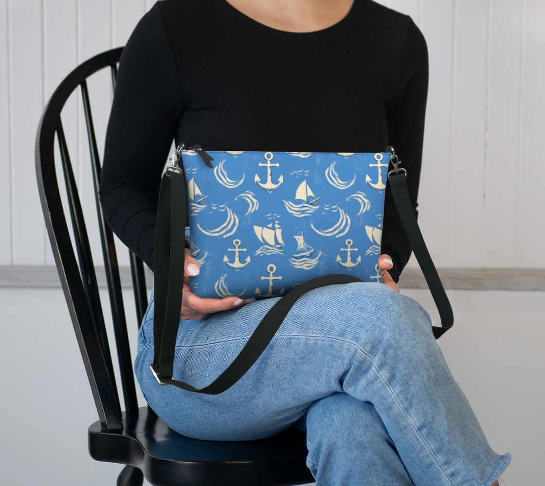 Blue Water with Cream Nautical Elements Vegan Leather Crossbody Purse