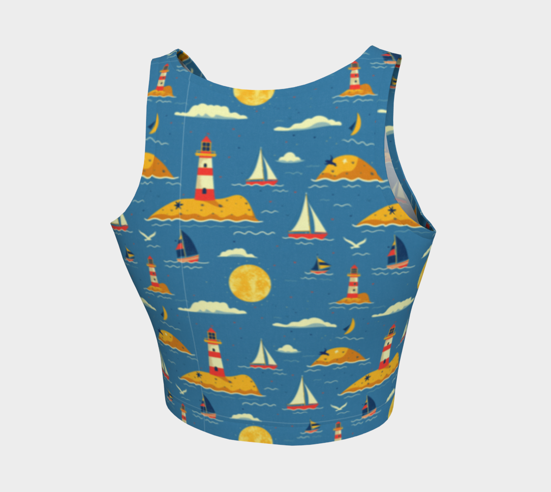 Blue Bag with Lighthouse and Sun on Land Athletic Crop Top