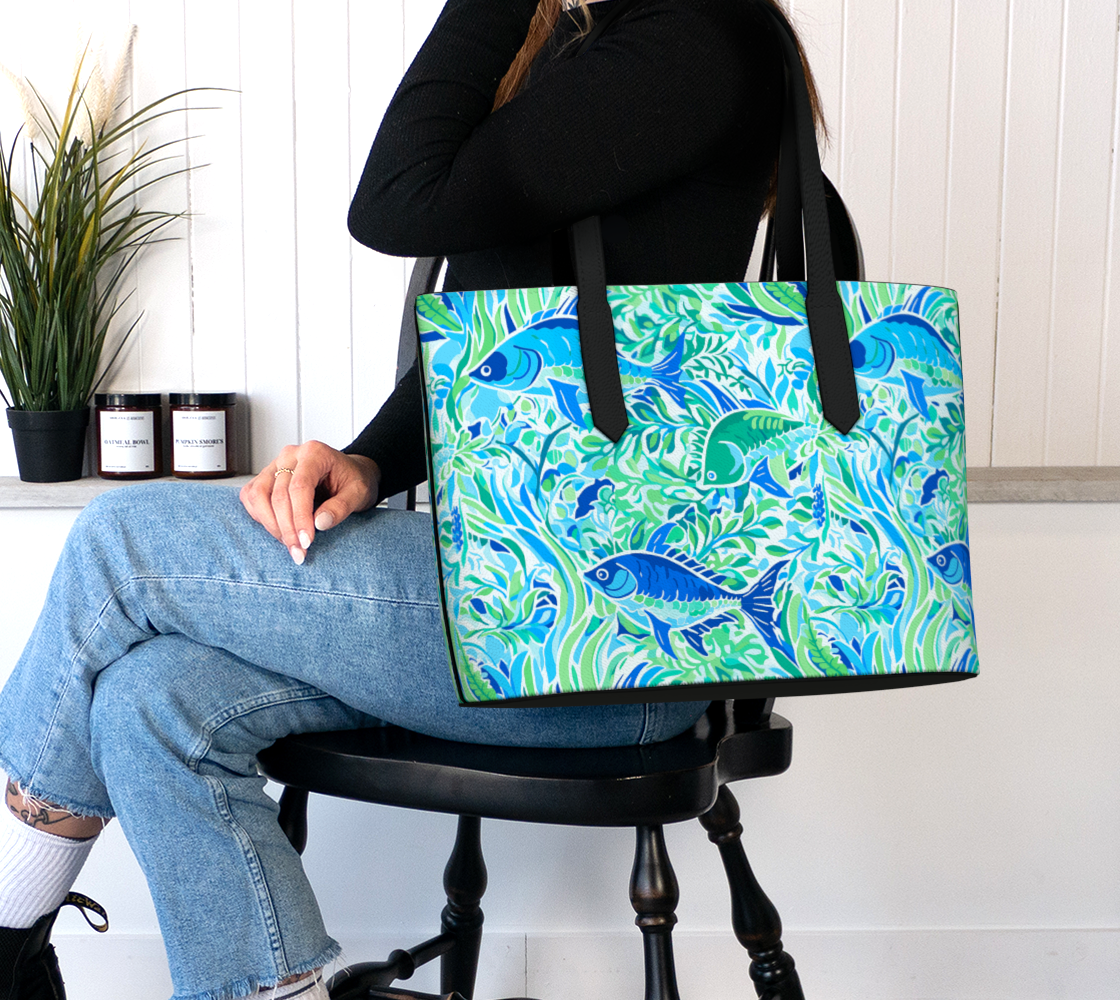 336 blue fish vegan leather tote bag