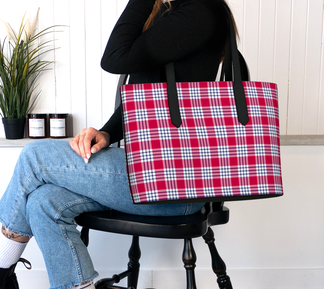 Red and Blue Plaid Vegan Leather Tote