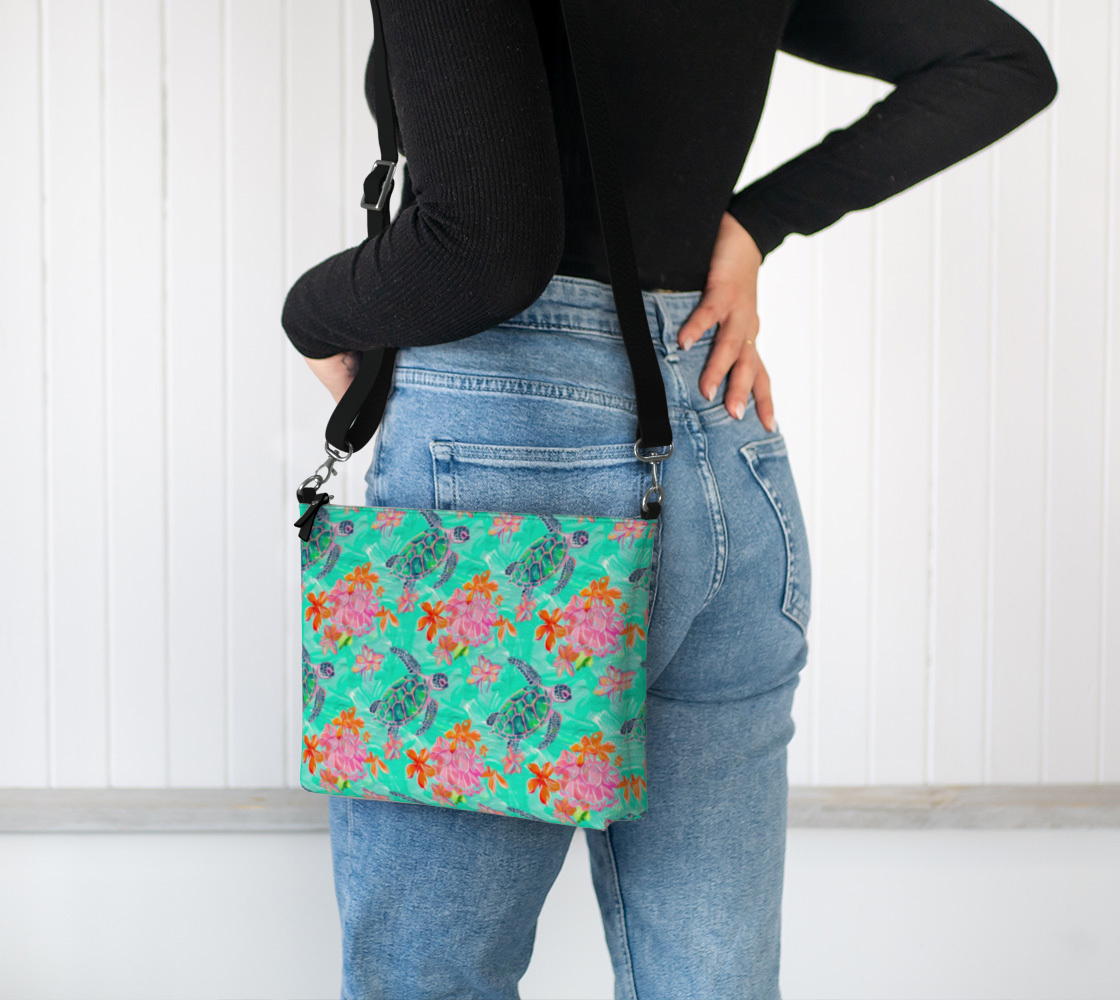 Turtles and Flowers Vegan Leather Crossbody Purse