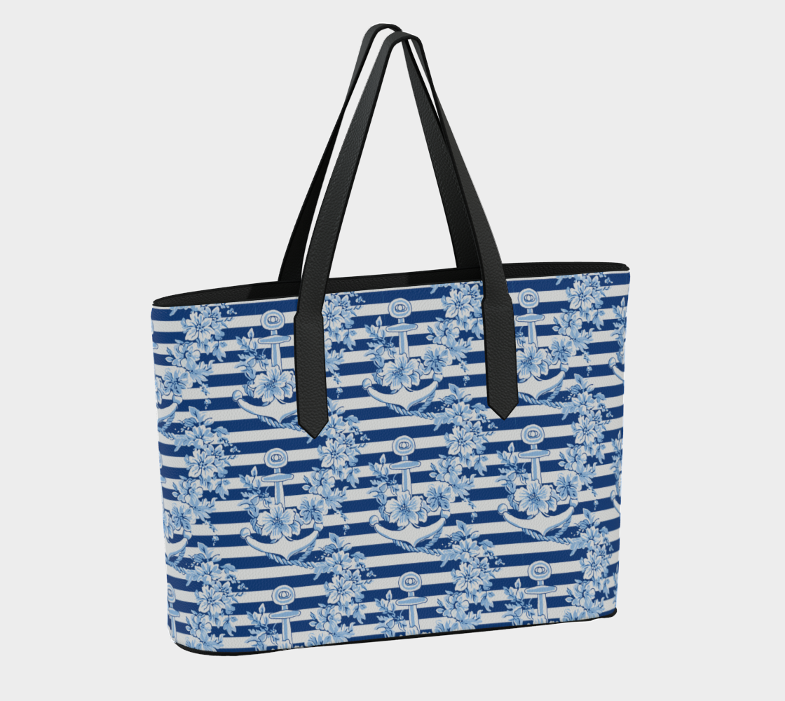 ANCHORS ON BLUE STRIPES VEGAN LEATHER TOTE BAG 1966