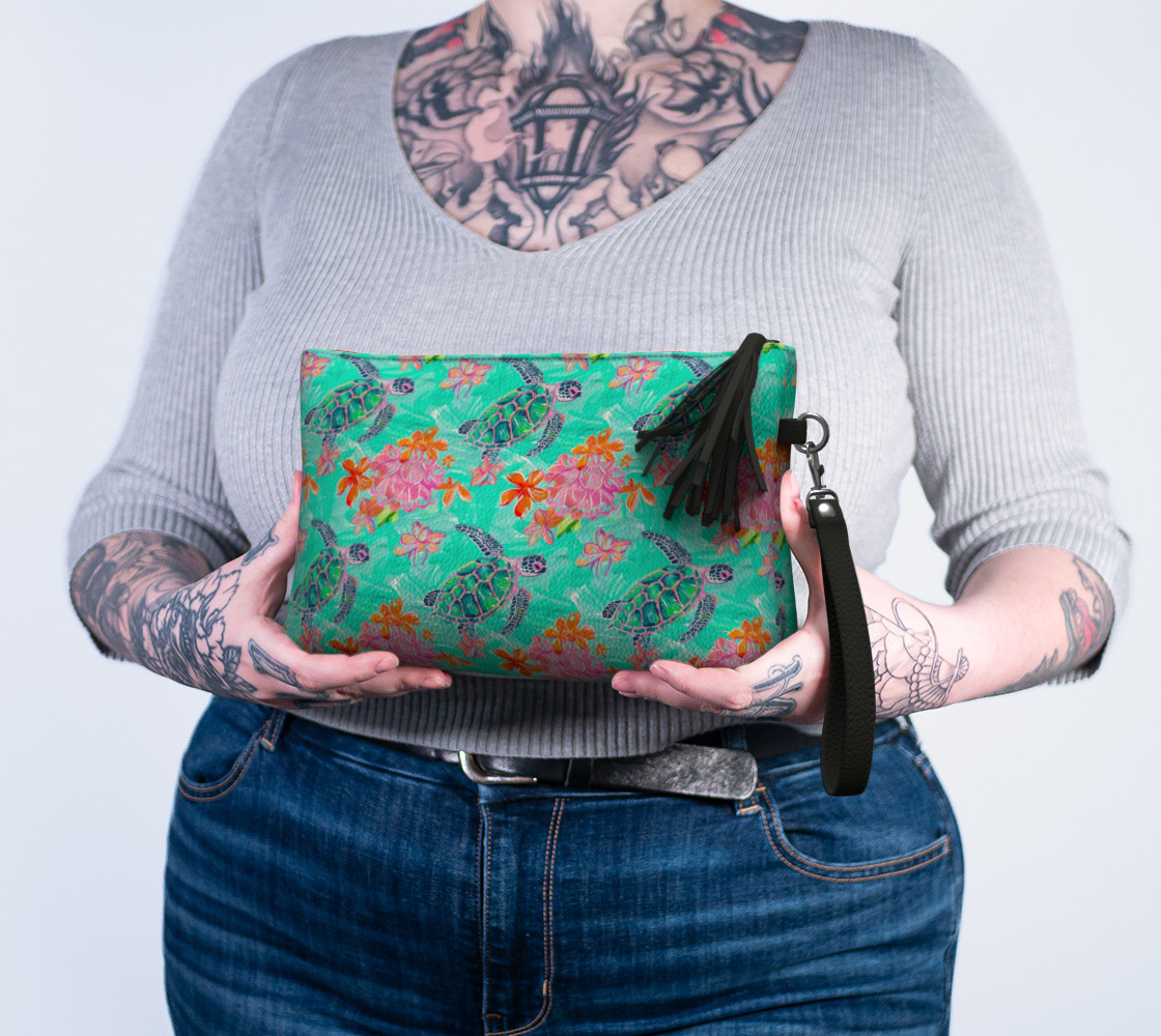 Turtles and Flowers Vegan Leather Make Up Bag