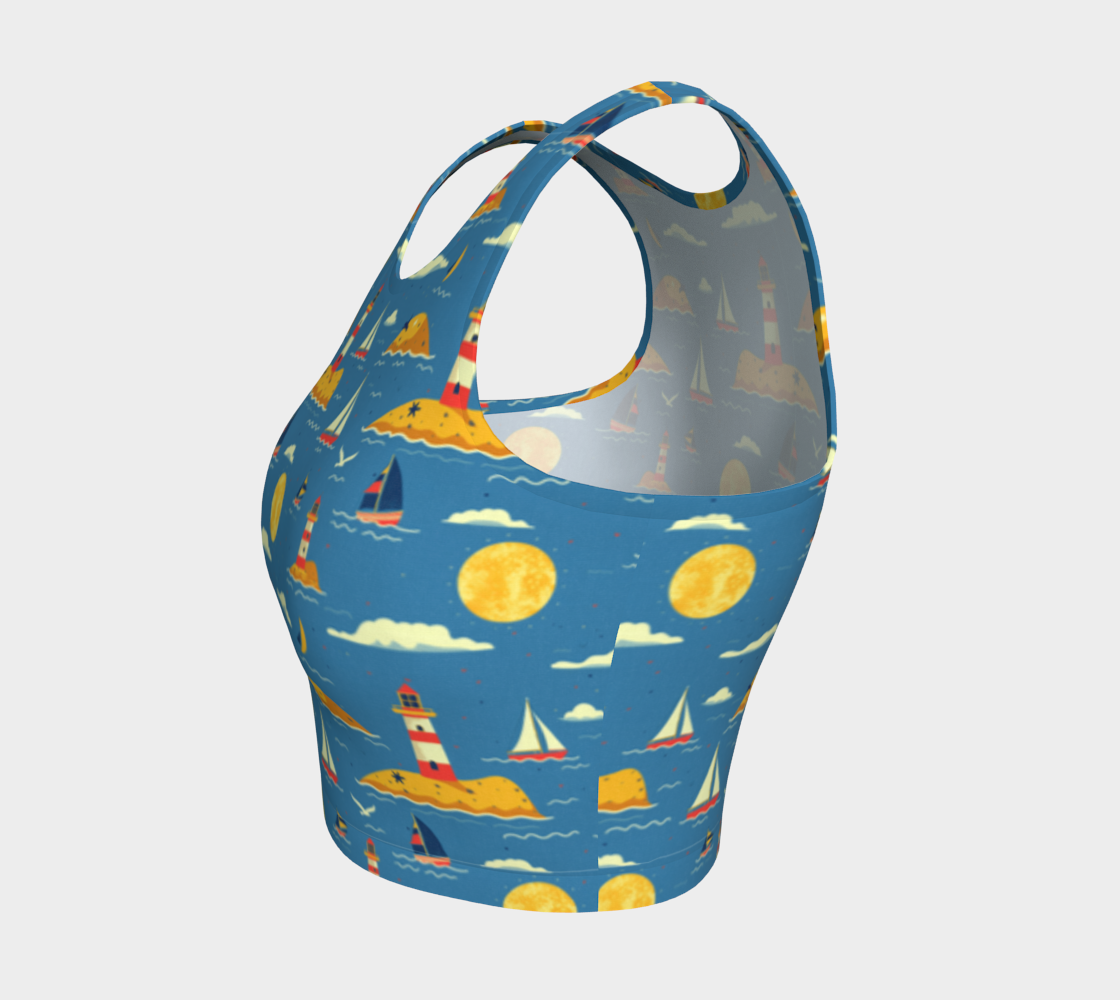 Blue Bag with Lighthouse and Sun on Land Athletic Crop Top