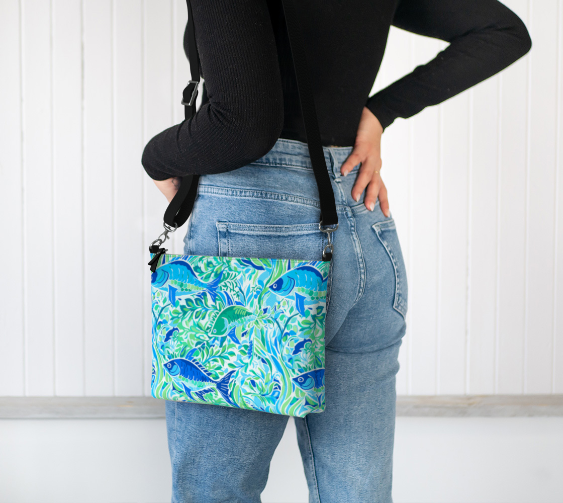 501 blue fish vegan leather crossbody tote