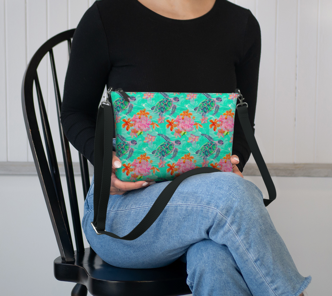Turtles and Flowers Vegan Leather Crossbody Purse