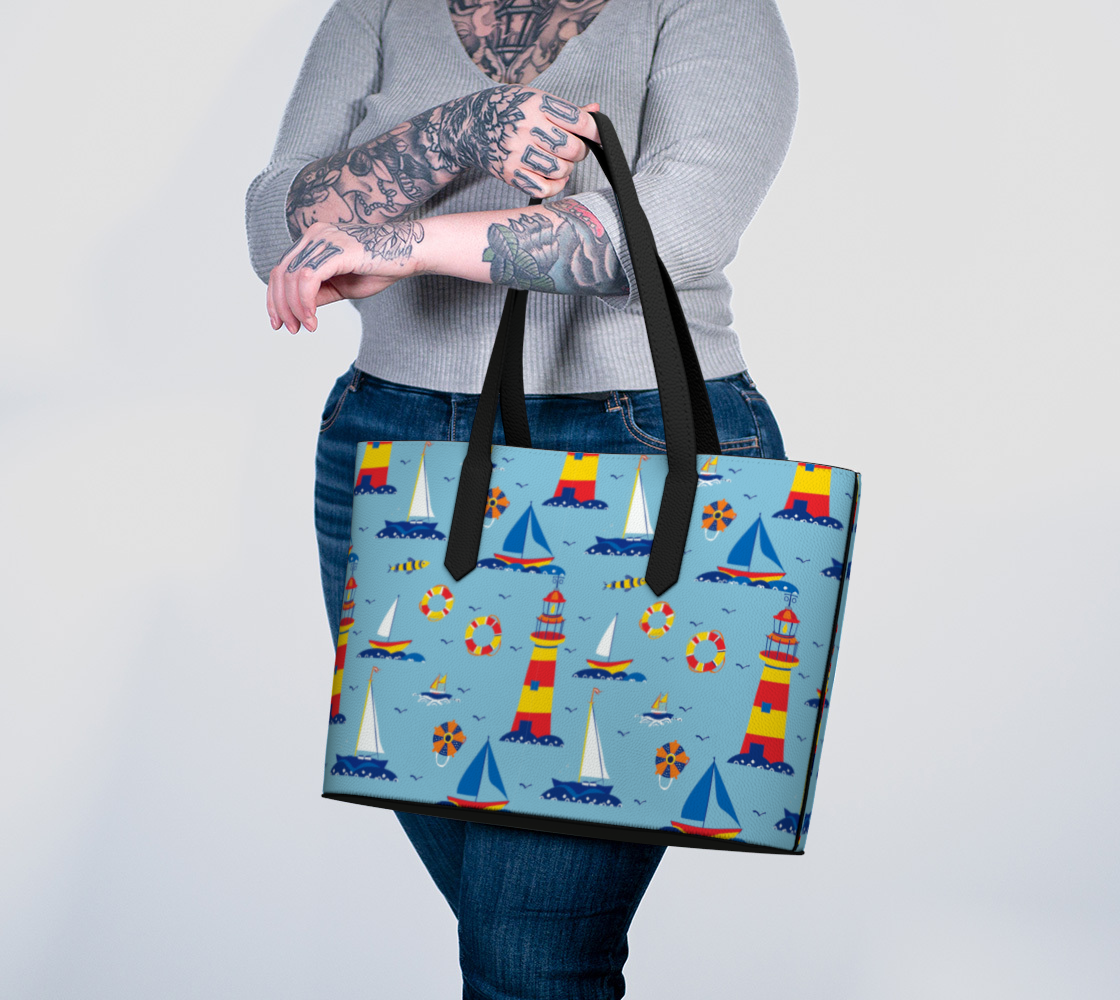 Cute Lighthouse Ocean Scene Vegan Leather Tote Bag