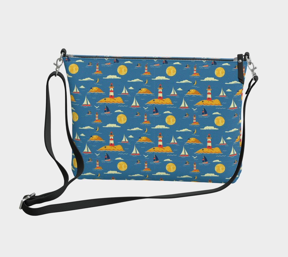 Blue Bag with Lighthouse and Sun on Land Vegan Leather Crossbody Purse