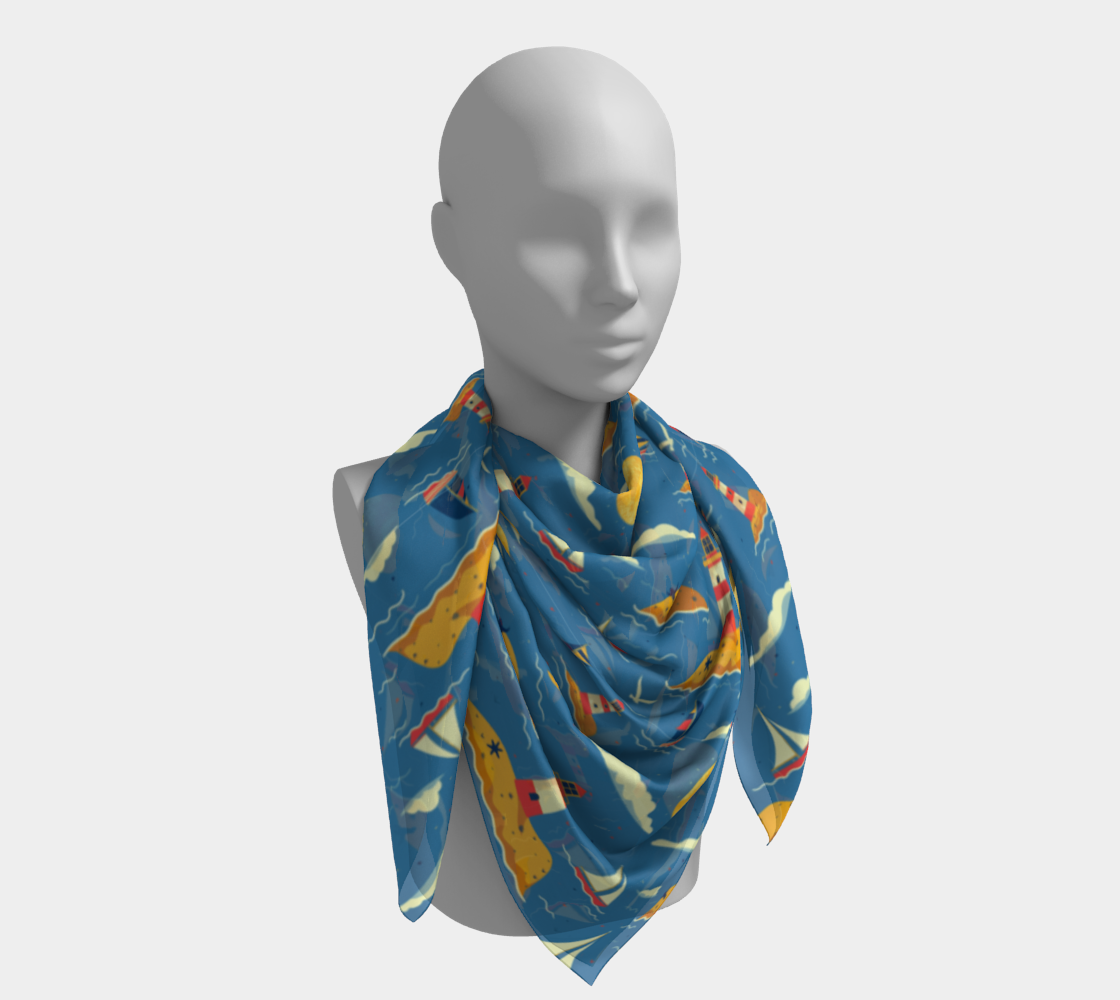 Blue Bag with Lighthouse and Sun on Land Vegan Leather Square Scarf
