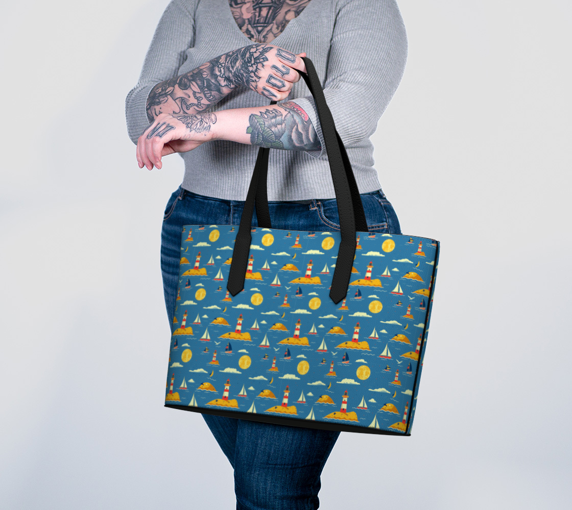 Blue Bag with Lighthouse and Sun on Land Vegan Leather Tote Bag