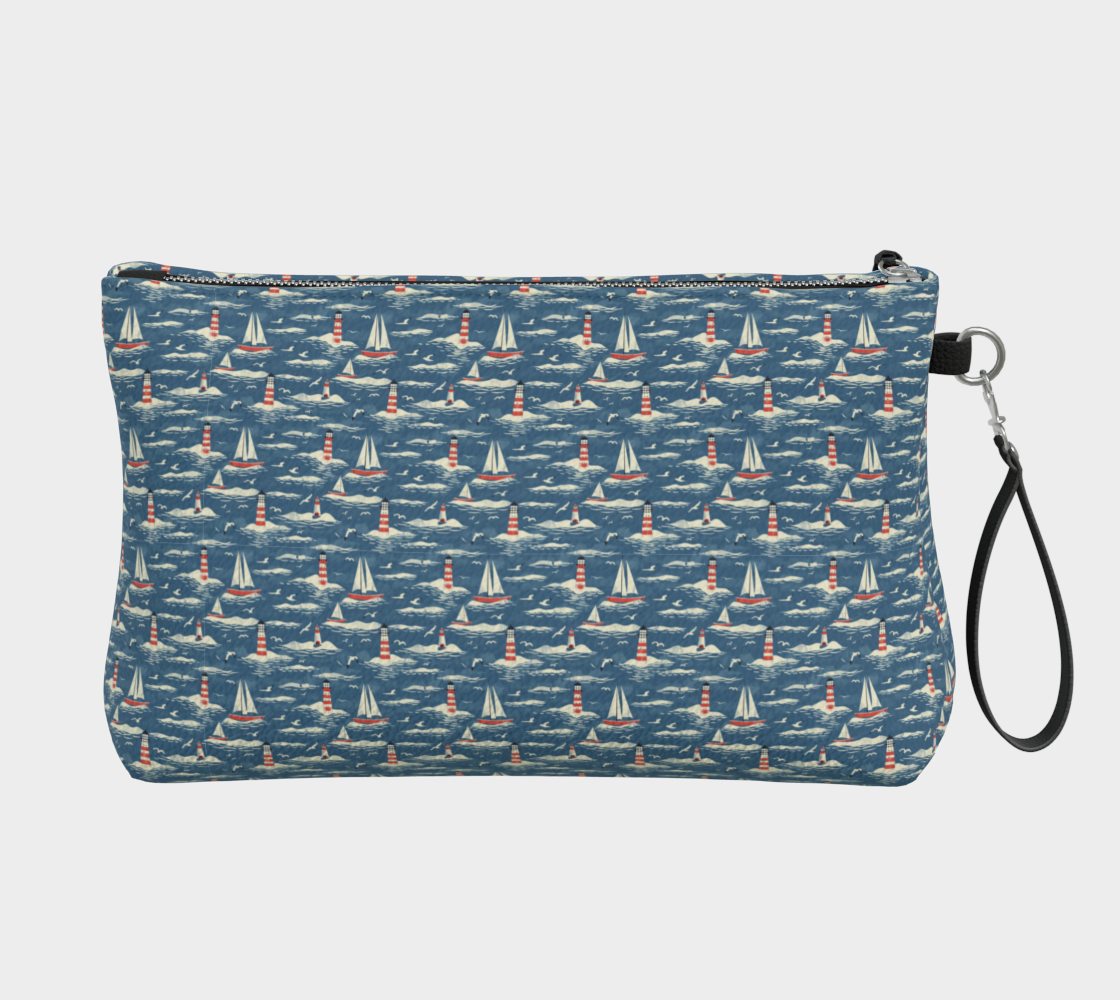 Blue, White, Red Sailboat Vegan Leather Makeup Bag