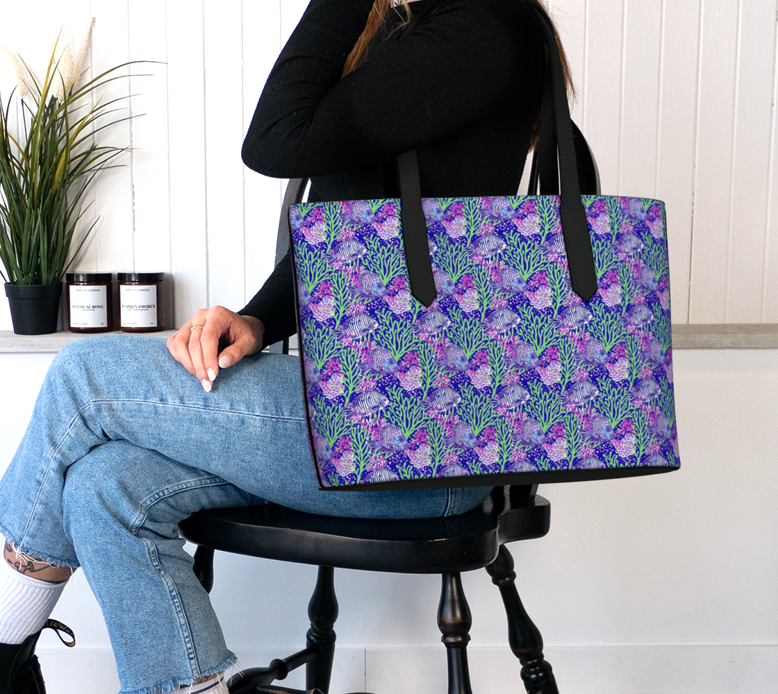 Fish in Green Coral Vegan Leather Tote Bag