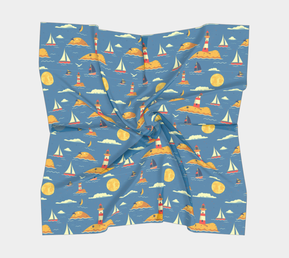Blue Bag with Lighthouse and Sun on Land Vegan Leather Square Scarf