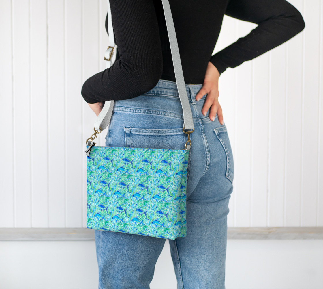 1888 adjusted blue fish vegan leather crossbody purse