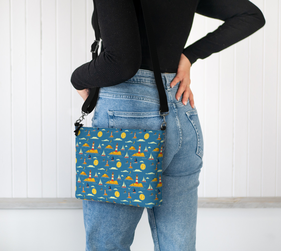 Blue Bag with Lighthouse and Sun on Land Vegan Leather Crossbody Purse